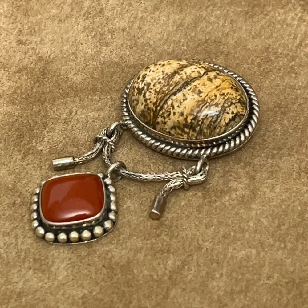 Vintage‎ Suarti Bali Sterling Silver Brooch Pendant BA 925 Jasper Stones